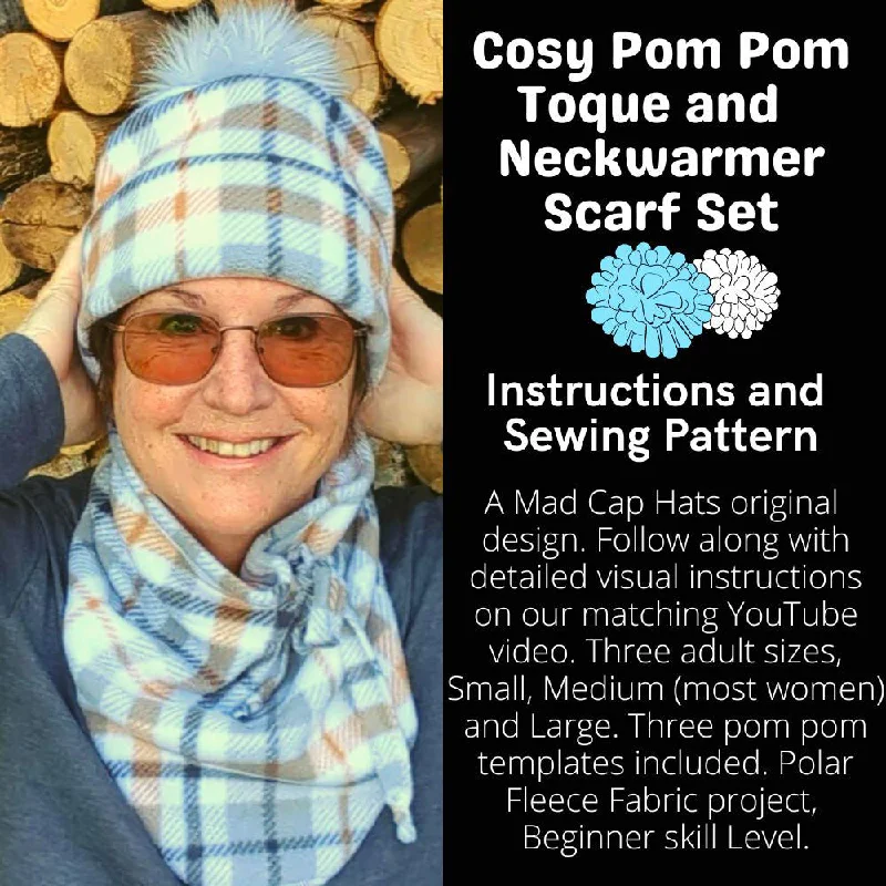 beanies for chilly mornings and evenings-  Pom Pom Toque and neckwarmer scarf set, polar fleece, full pattern, in digital format, in 3 sizes