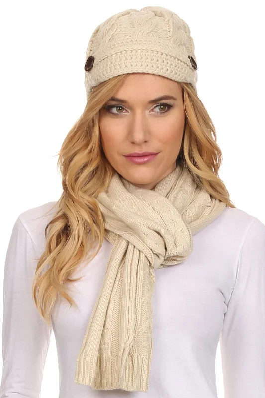 beanies with stylish prints-  Sakkas Womens 2-piece Cable Knitted Visor Beanie Scarf and Hat Set with Button