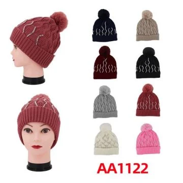 beanies with removable pompom-  Women Winter Cable Knitted Hat Beanies Fur Lining Stone W/Pom AA1122