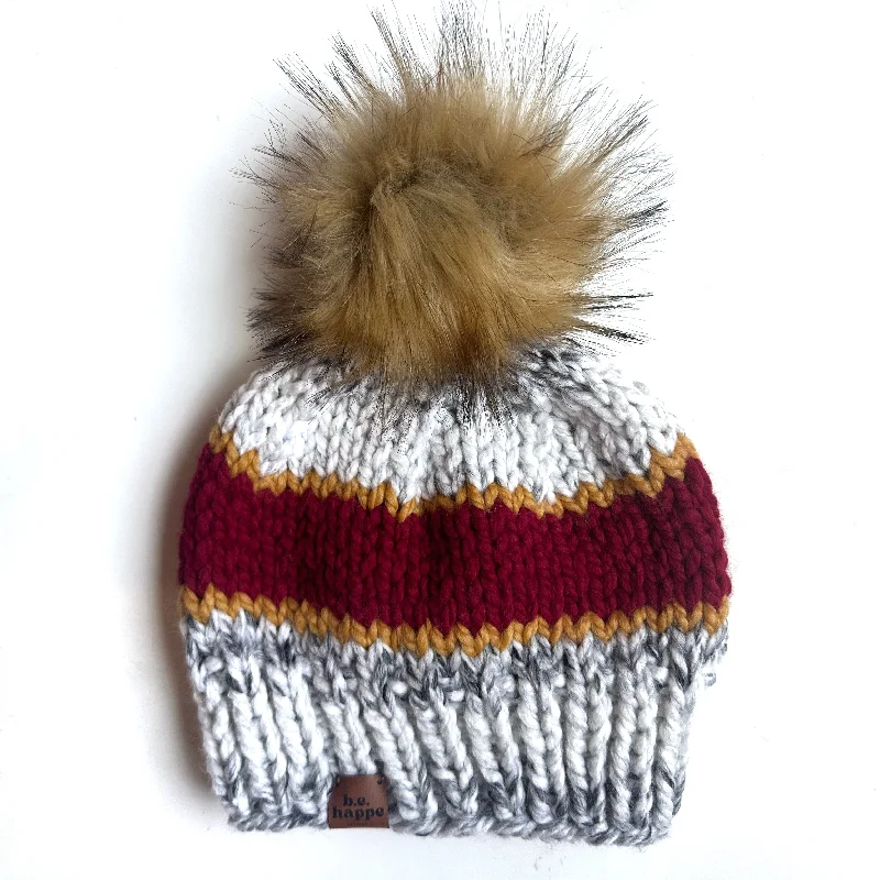 beanies for long days outdoors-  Youth Stripe Knit Pom Hat | Red + Mustard Yellow + Marble