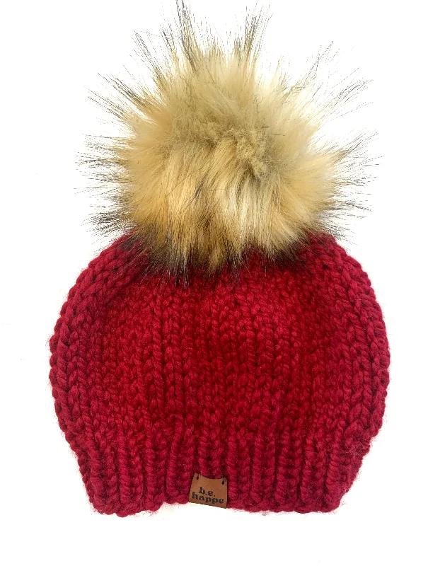 beanies for a chic look-  Adult Solid Knit Pom Hat | Cranberry Red