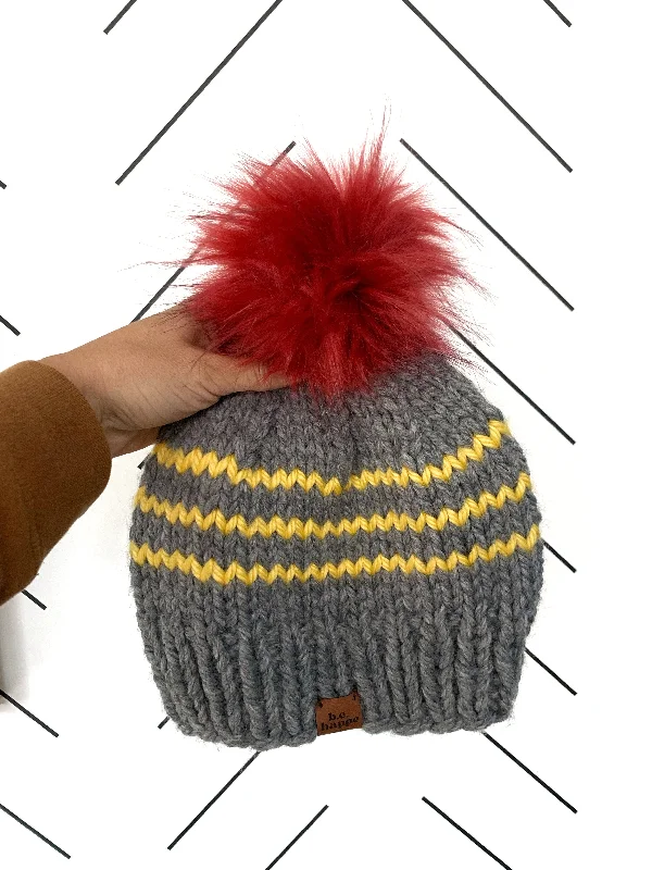 beanies with pompom for men-  Adult Stripe Pom Hat | Grey + Yellow