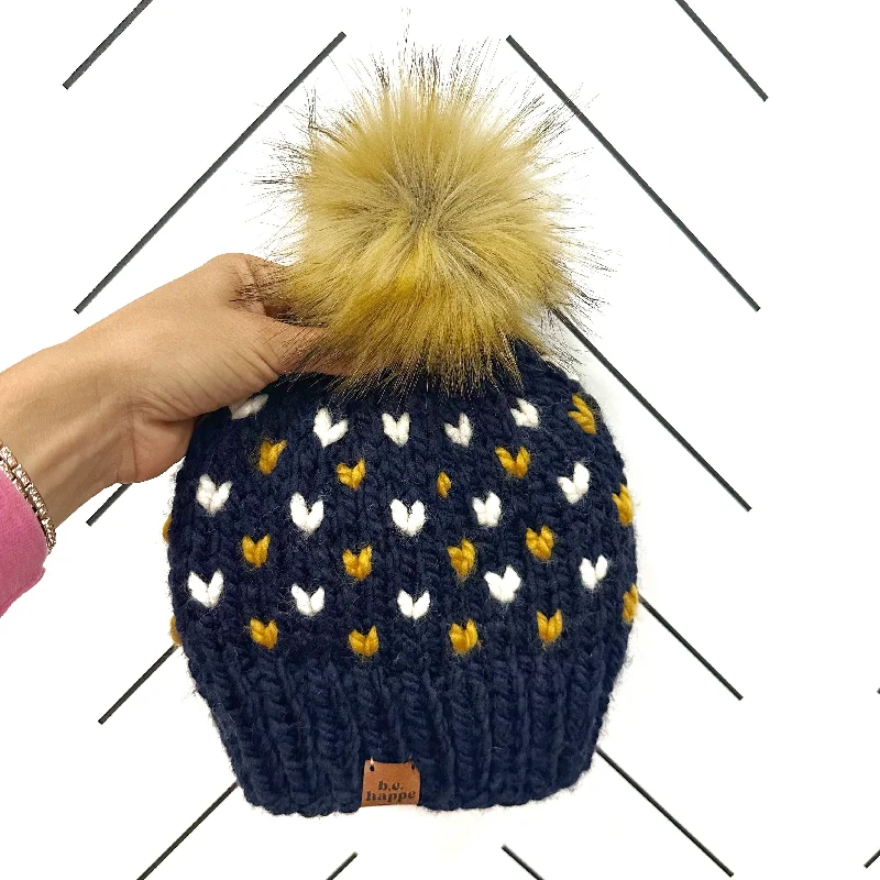 beanies for holiday style-  Adult Happe Hearts | Navy Blue + Mustard Yellow + Off White