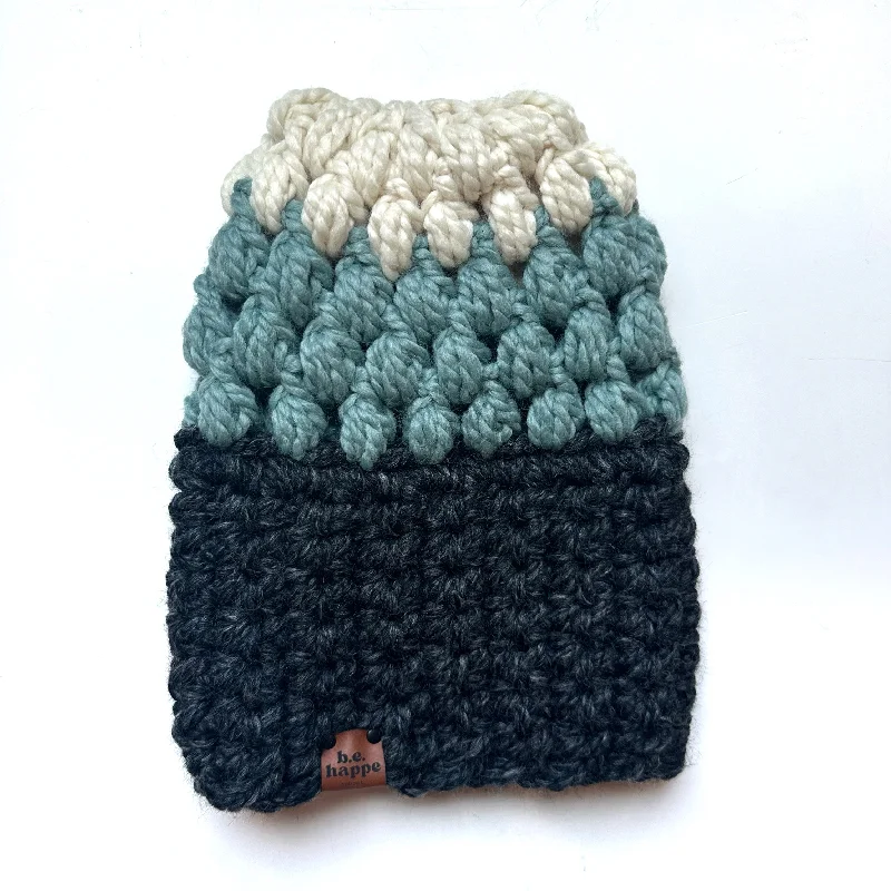 beanies for family outings-  Crochet Puff Stitch Slouch Hat | Charcoal + Blue + Off White