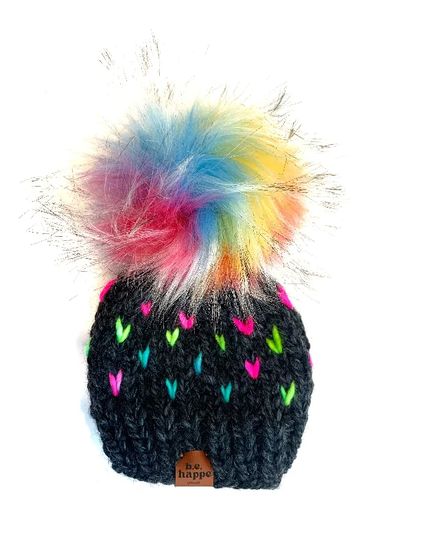 beanies for fashionable urban looks-  Youth Knit Hearts Pom Hat | Gray Rainbow