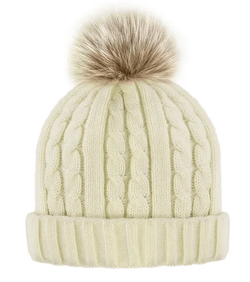 beanies with heavy knit-  Mitchie's Matchings Women's Cable Knit Beanie with Fleece Lining and Blush Fox Pom