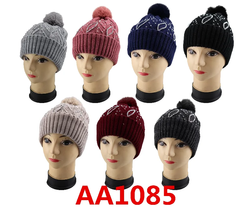 beanies for cold outdoor activities-  Lady Winter Cable Knitted Long Cuffed Hat Beanies Fur Lining W/Fur Pom And Stone AA1085