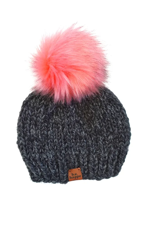 beanies with pompom for women-  Youth Knit Pom Hat |Charcoal + Pink Pom