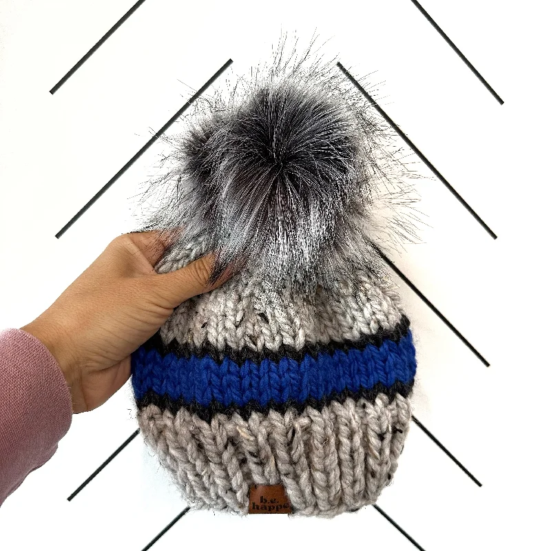 beanies with breathable material-  6-12 month Baby Knit Pom Hat | Gray + Royal Blue