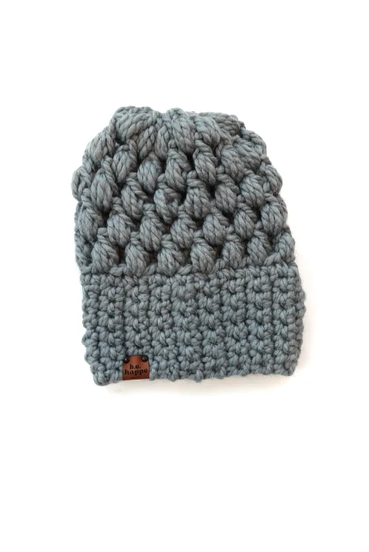 beanies for running-  Crochet Puff Stitch Slouch Hat | Slate Grey