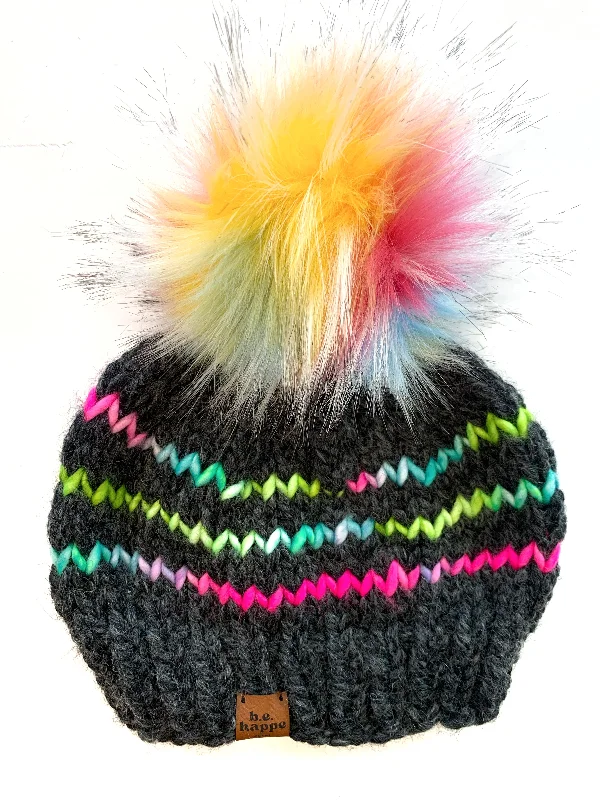 beanies for daily winter style-  Adult Stripe Knit Pom Hat | Charcoal + Rainbow