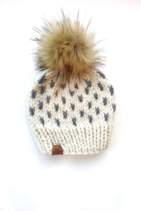 beanies with bold colors-  Adult Heart Pom Hat | Off White + Slate