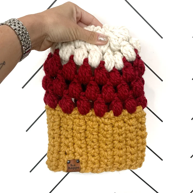 beanies with fleece lining-  Crochet Puff Stitch Slouch Hat | Mustard Yellow + Cranberry Red + Off White