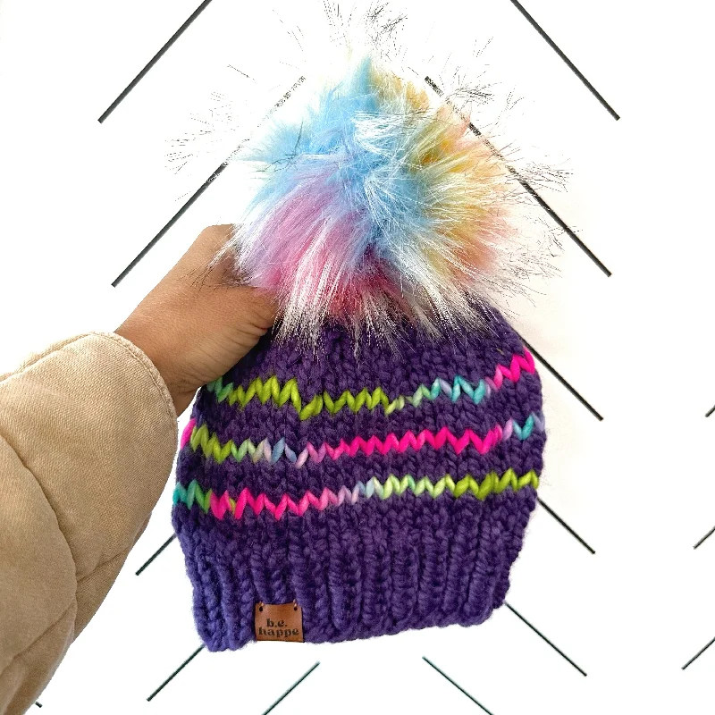 beanies with fluffy pompom-  Rugby Stripe Knit | Purple + Rainbow