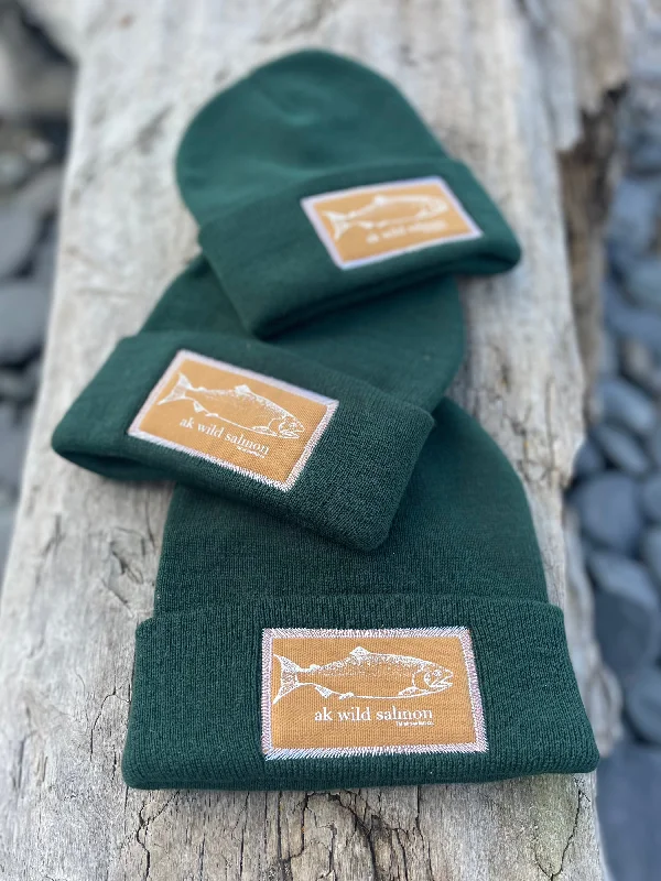 beanies with soft cotton-  Marine AK Wild Salmon Patch Beanie $38.00