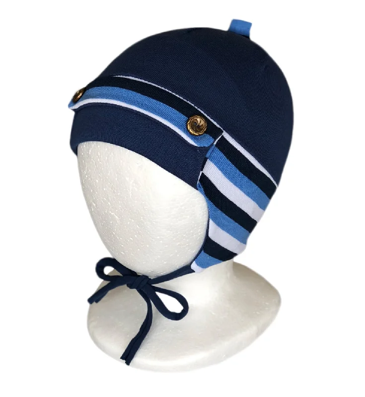 beanies with cool textures-  Baby Boy Knitted Winter Hat Navy Blue Covers Ears With Strings