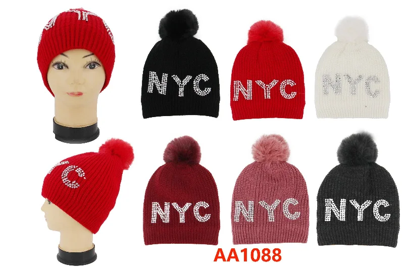 beanies for runners-  Wholesale Skull Ski PULL ON Hats NYC Stone W/POM Fur Lining AA1088