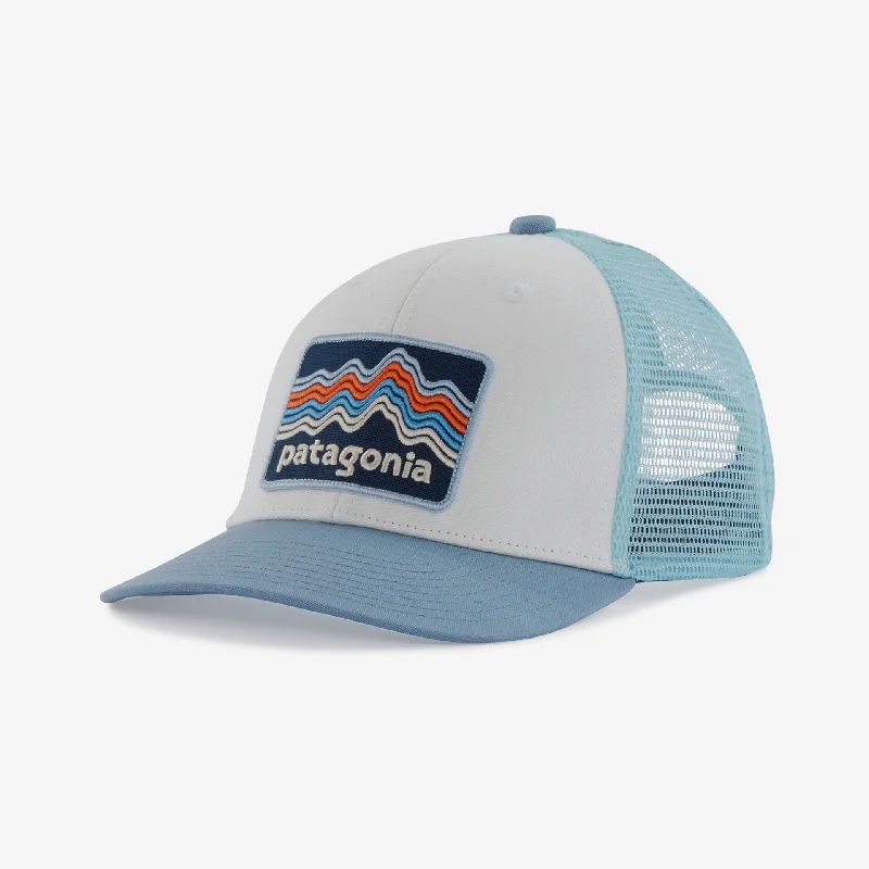 beanies for hiking-  Patagonia K's Trucker Hat-Ridge Rise Stripe: Light Plume Grey