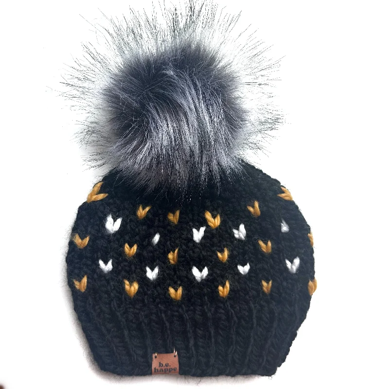 chunky knit beanies for winter-  Youth Hearts Knit Pom Hat | Black + Marble + Yellow