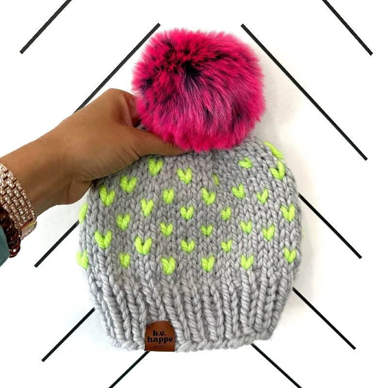 beanies with geometric patterns-  Youth Happe Hearts Knit Pom Hat | Light Grey + Neon Yellow