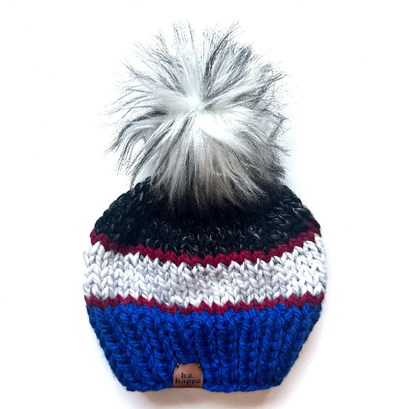 beanies for trendy looks-  Adult Stripe Knit Pom Hat | Gray + Red + Blue