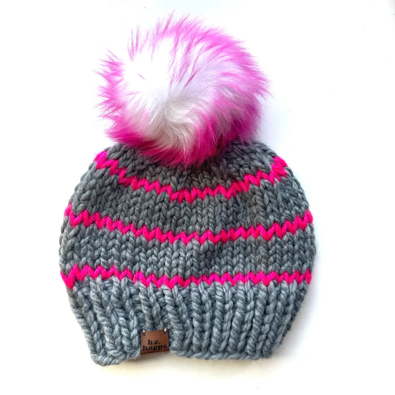 beanies for travel comfort-  Adult Stripe Knit Pom Hat | Gray + Hot Pink