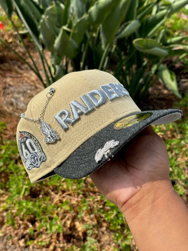 women's printed beanie hats for winter outfits-NEW ERA EXCLUSIVE 59FIFTY VEGAS GOLD/GREY WOOL LAS VEGAS RAIDERS W/ 60TH ANNIVERSARY SIDE PATCH