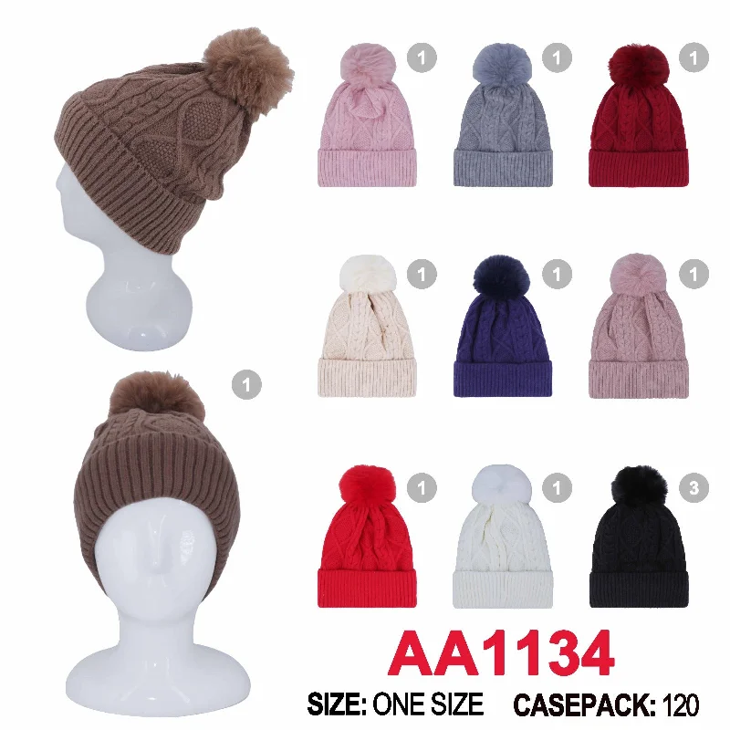 beanies with subtle designs-  Winter Cable Knitted Cuffed Hat Beanies Pom Skull Cap W/ Lining AA1134