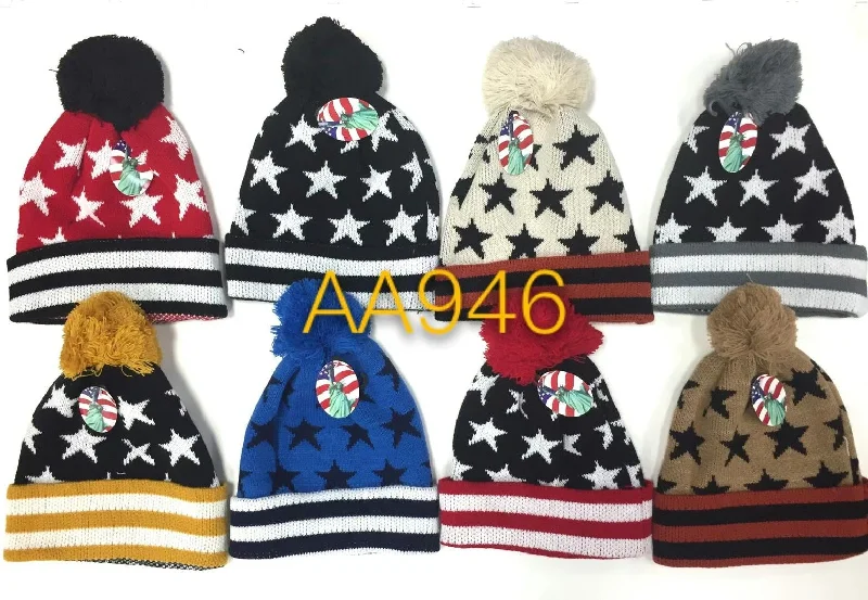 beanies for weekend getaways-  Long Cuffed Beanie Knit Skully Star Stripe Hats W/Pom AA946