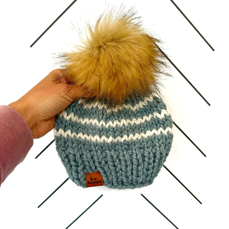 beanies for ski trips-  3-6 month Baby Knit Pom Hat | Succulent Blue + Off White