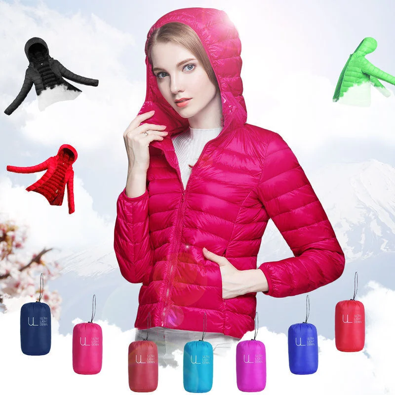 wool hats for layering with winter outfits-womens hats for everyday wear-Ultra Light Winter Jacket Fashion Women Puffer Jacket Solid Color Hooded Zippers Puffer Coat Plus Size S-3XL