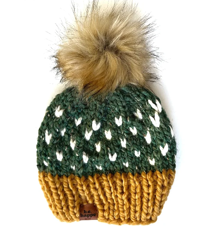 beanies with eco-friendly materials-  Adult Knit Heart Pom Hat | Mustard + Green + Off White