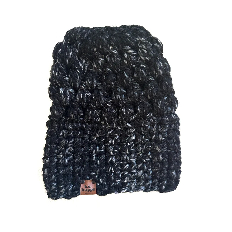 beanies with simple designs-  Crochet Puff Stitch Slouch Hat | Black Marble Slouchy Beanie