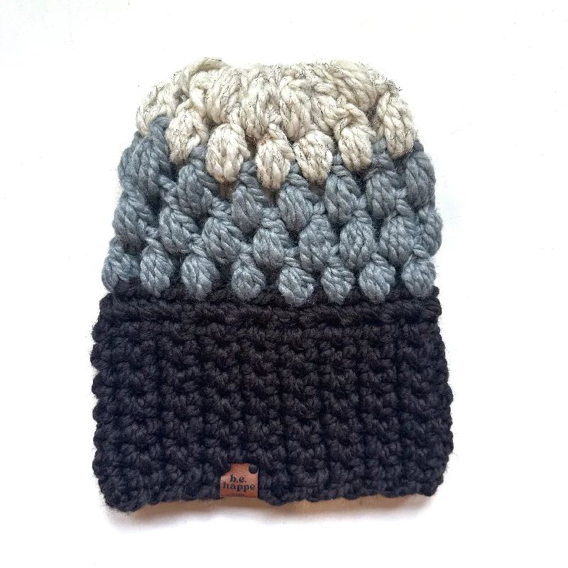 beanies with detachable pompom-  Crochet Puff Stitch Slouch Hat | Walnut + Grey + Wheat