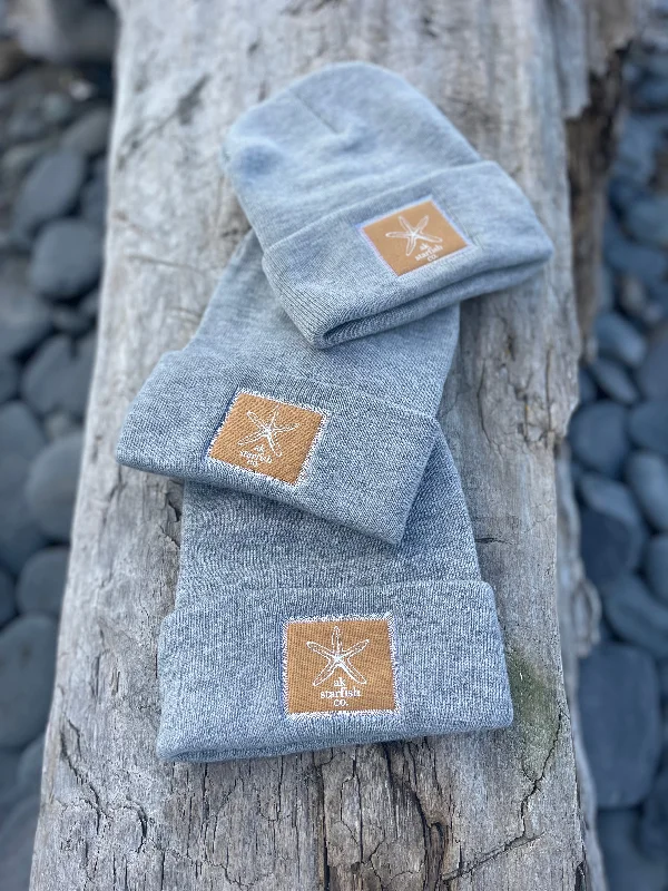 beanies with classic knit style-  Heather Grey AK Starfish Co. Patch Beanie $38.00