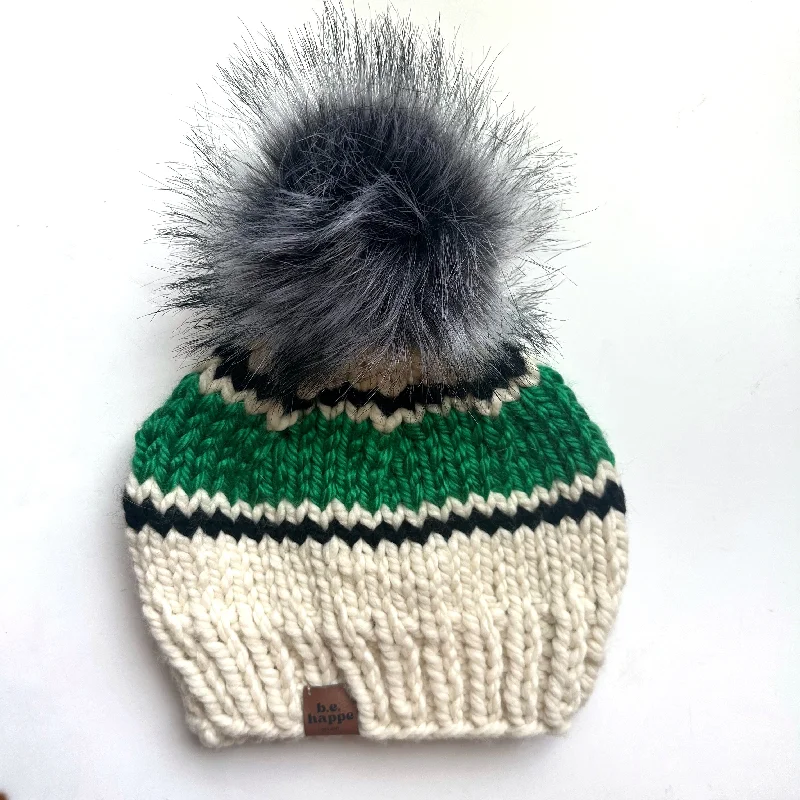 beanies with minimalist designs-  Adult Stripe Knit Pom Hat | Off White + Black + Green