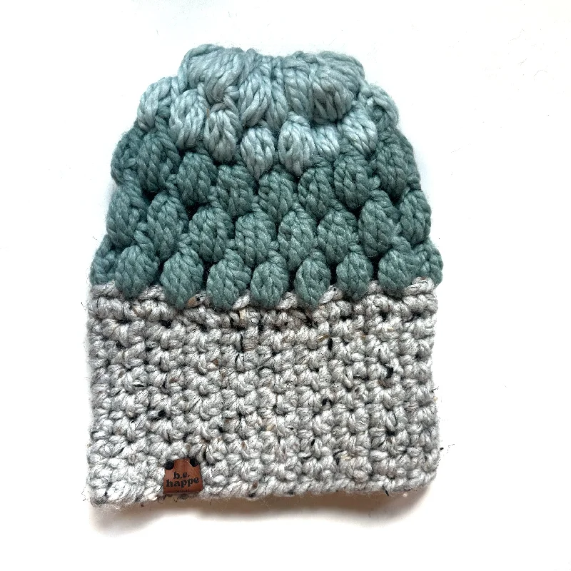 beanies with subtle designs-  Crochet Puff Stitch Slouch Hat | Grey + Blue