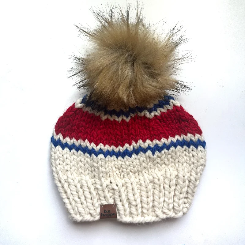 beanies for work-  Adult Stripe Knit Pom Hat | Off White + Red + Blue