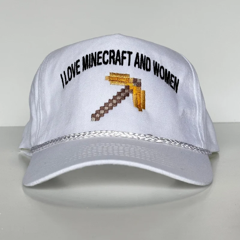 Bucket hats for keeping cool in summer heat-I love Minecraft and Women White SnapBack Funny Cap Hat Custom Embroidered Hutchbucketz Collab