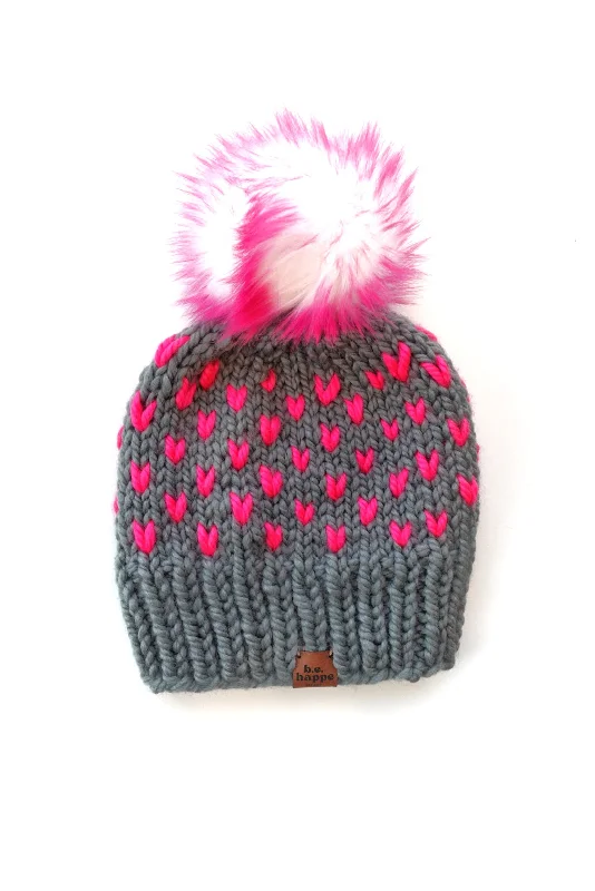 beanies for quick outdoor trips-  Adult Happe Hearts | Slate + Hot Pink