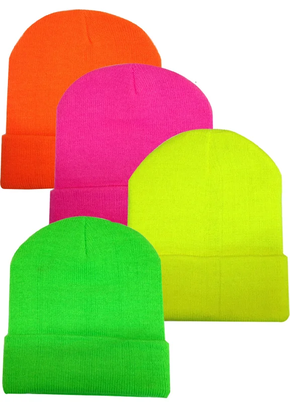 beanies for warmth on the go-  Wholesale 12 Pieces Neon Long Cuffed Knit Ski Hat Beanie, H8000