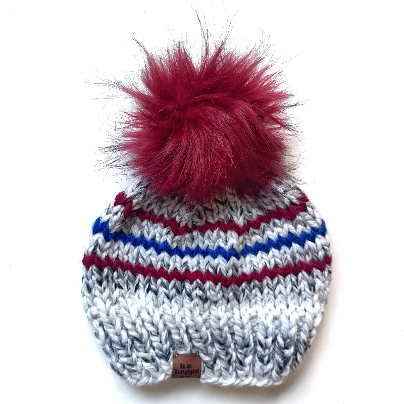 beanies with ear covers-  Adult Stripe Knit Pom Hat | Red + Blue