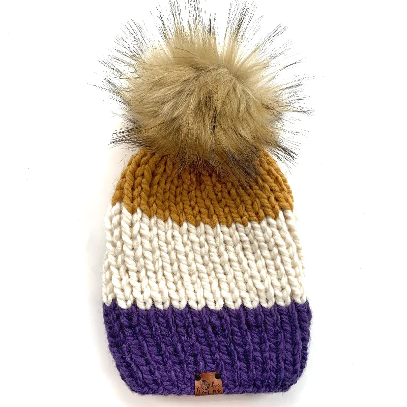 beanies for stylish weekends-  Adult Stripe Pom Hat| Purple + Mustard Yellow