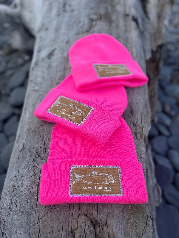 beanies for chilly nights-  Glow Pink AK Wild Salmon Patch Beanie 38.00