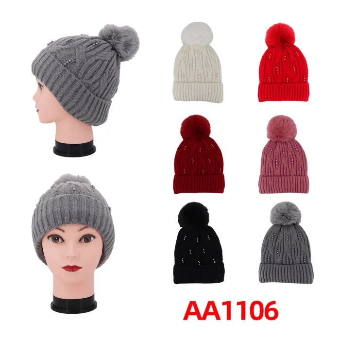 beanies with ventilation-  Women Winter Cable Knitted Long Cuffed Hat Beanies Fur Lining W/Pom AA1106