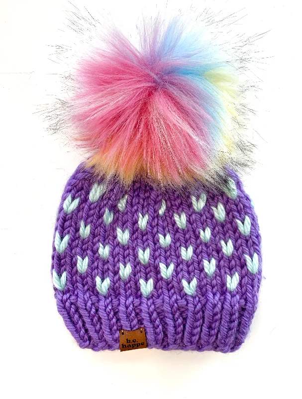 women's festival hats for music events-0-3 month Knit Hearts Pom Hat | Wool Free Purple Rainbow