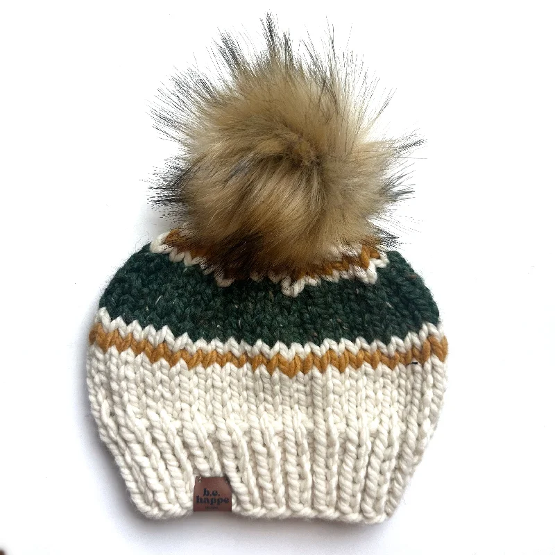 beanies for running and jogging-  Adult Stripe Knit Pom Hat | Off White + Green + Mustard Yellow