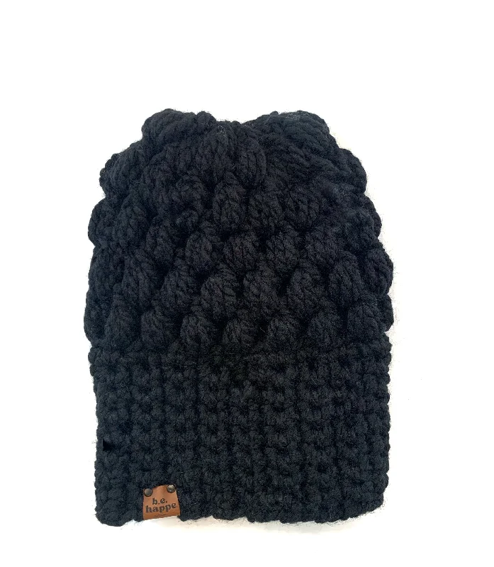 beanies for hiking and camping-  Crochet Puff Stitch Slouch Hat | Black