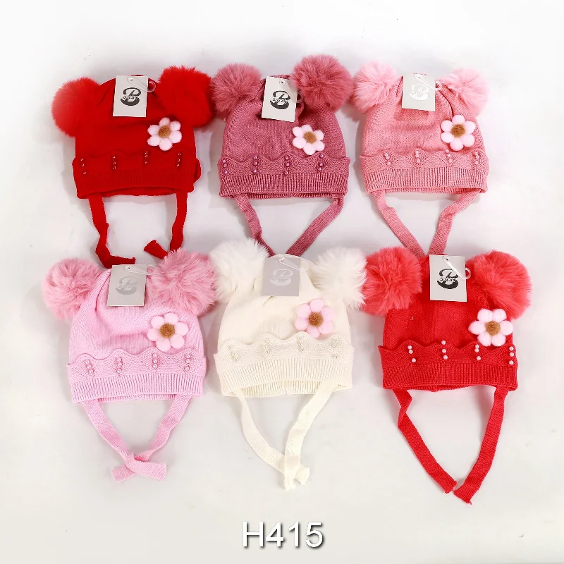 cozy beanies-  Kids Girls Flower Winter Warm Hats Caps Lining W/Two Poms, H415