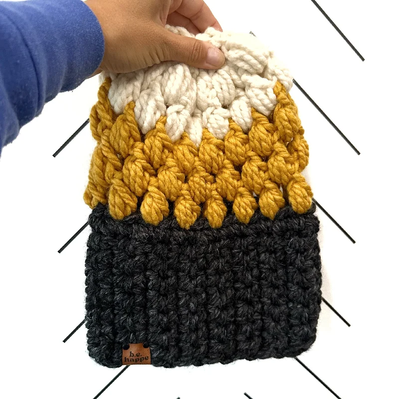 beanies for long wear-  Crochet Puff Stitch Slouch Hat | Charcoal Gray + Mustard + Off White